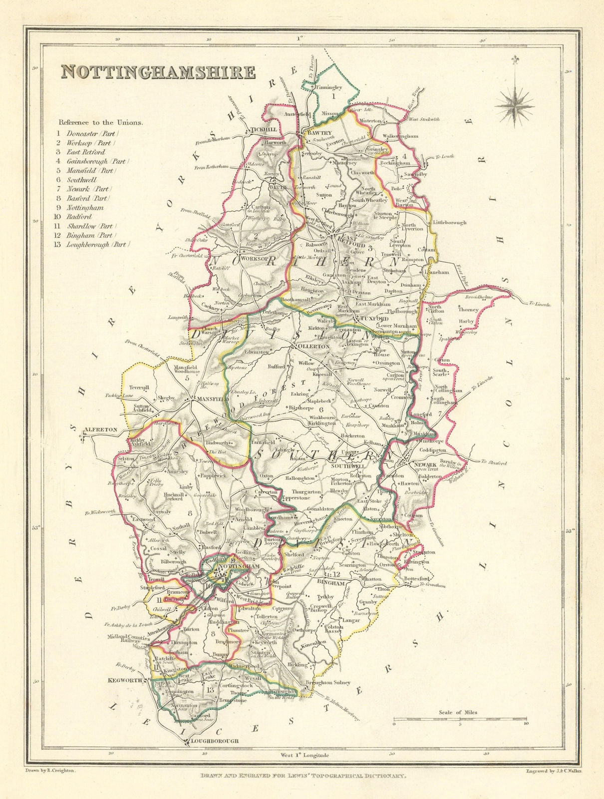 Antique county map of NOTTINGHAMSHIRE by Creighton & Walker for Lewis c1840